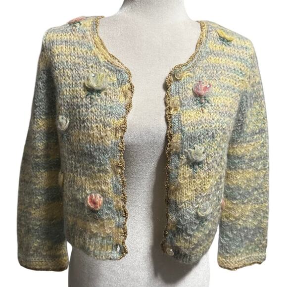 Sleeping on Snow Embroidered Mohair-Blend Cardigan Pastel Floral Cottagecore (M) - Picture 4 of 6